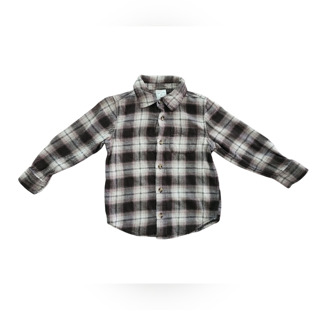 Okie Dokie Dark Brown Plaid Flannel Shirt - Size 5T